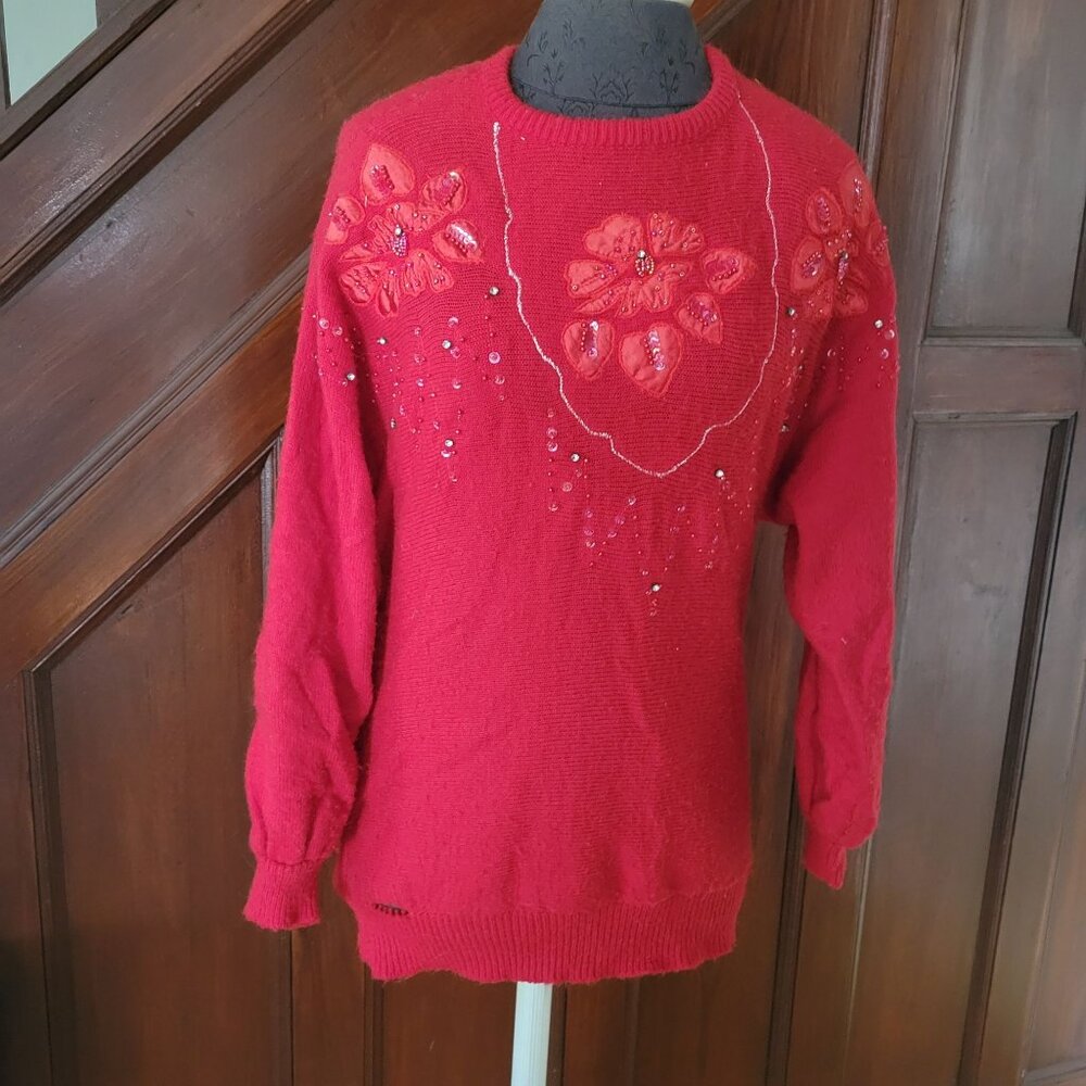 Vintage Carriage Court Red Embellished Sweater With Floral Applique & Sequins  S